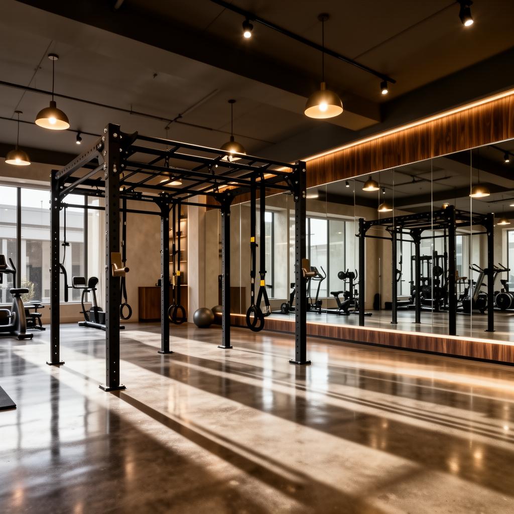Premium boutique fitness studio with matte black training rig and warm lighting