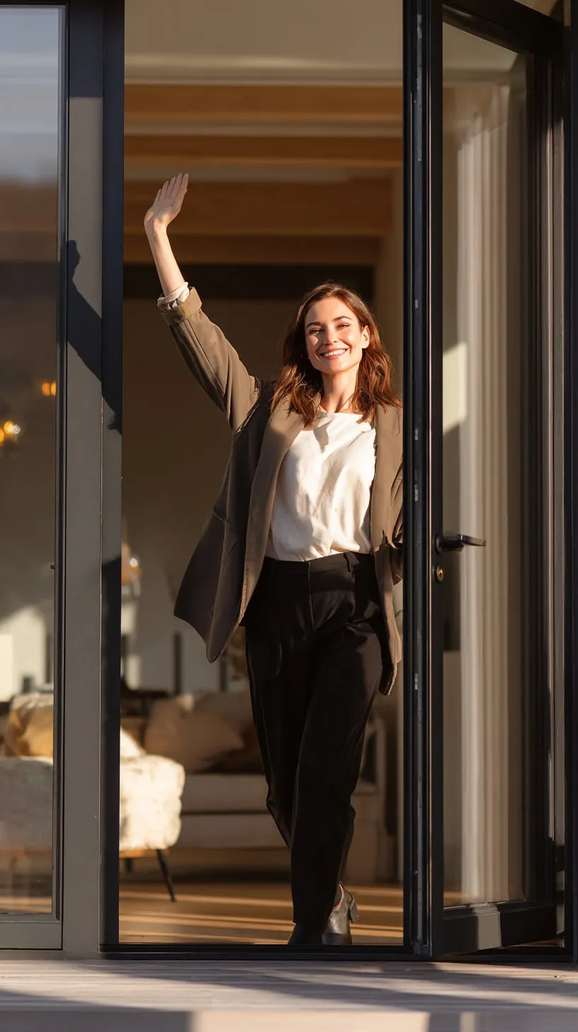 Welcoming partner greeting at the entrance of a modern home