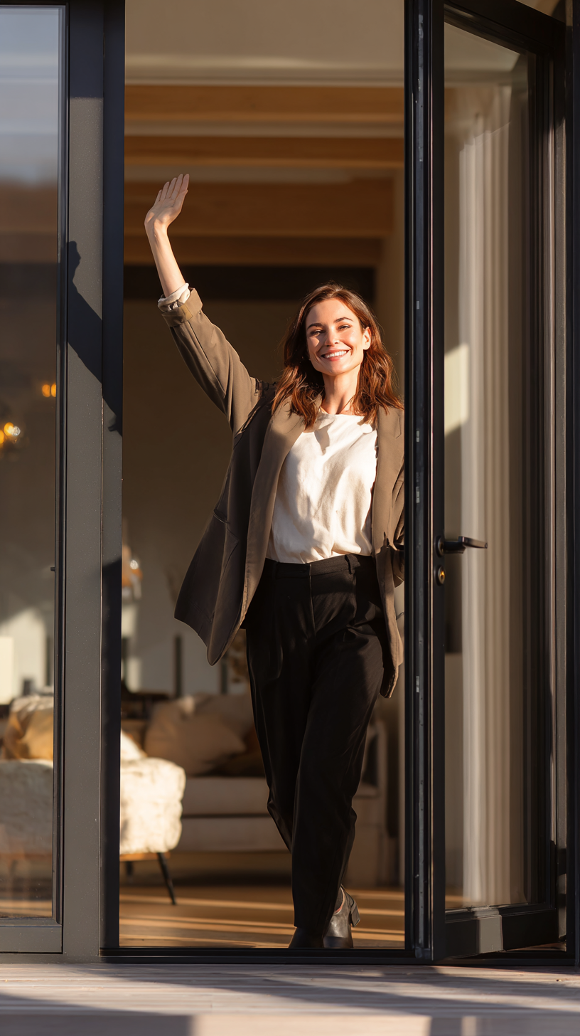 Welcoming partner greeting at the entrance of a modern home