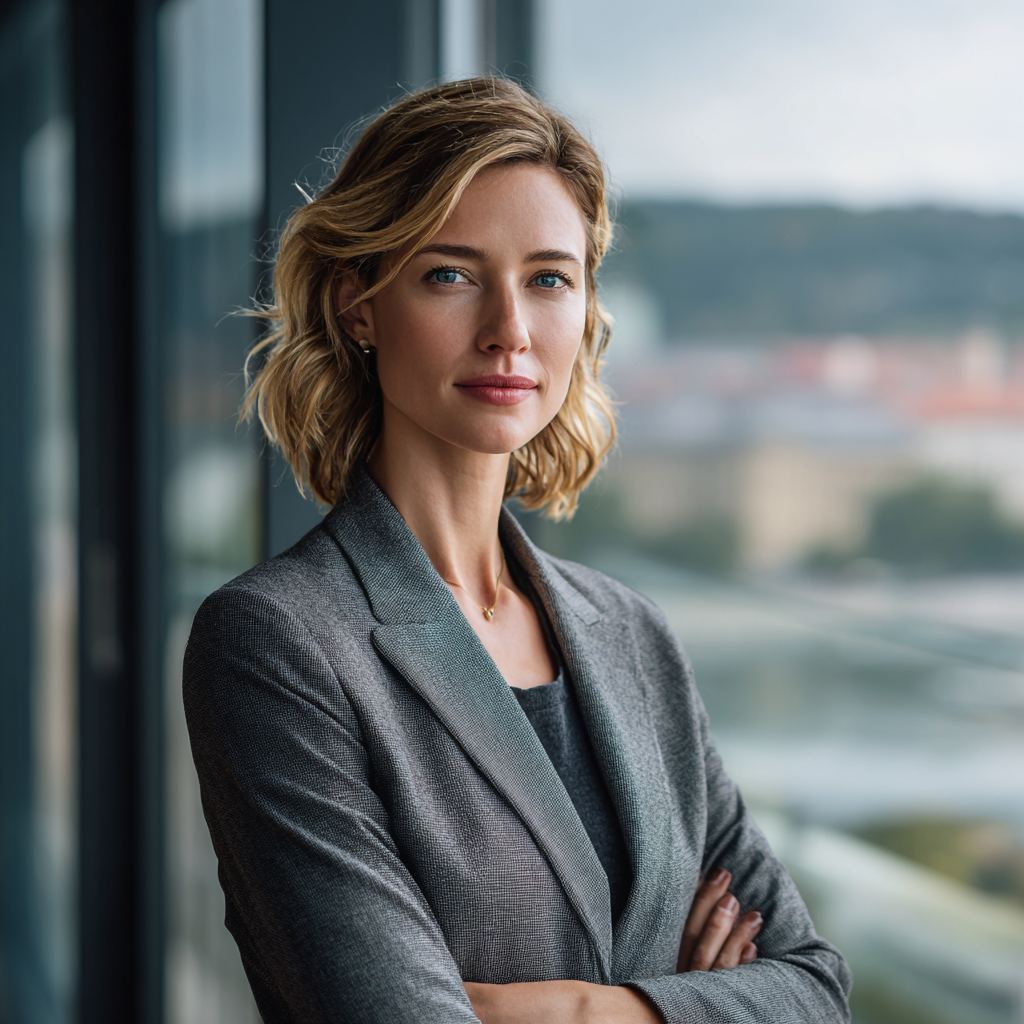 Franchise development executive in a modern glass corporate office