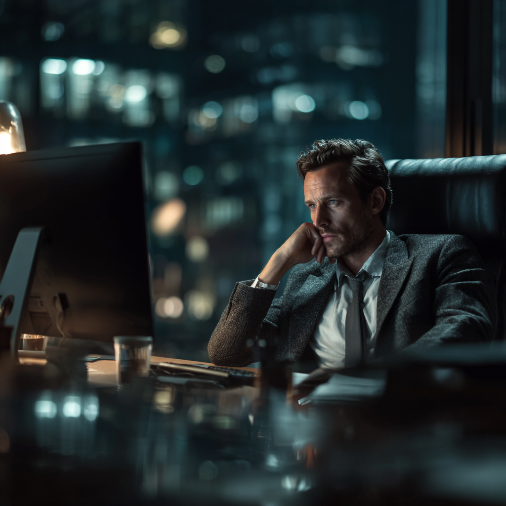 Operator studying campaign data on a workstation in a dark high-rise office at night