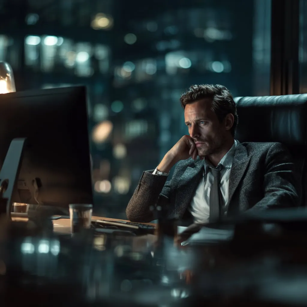 Operator studying campaign data on a workstation in a dark high-rise office at night