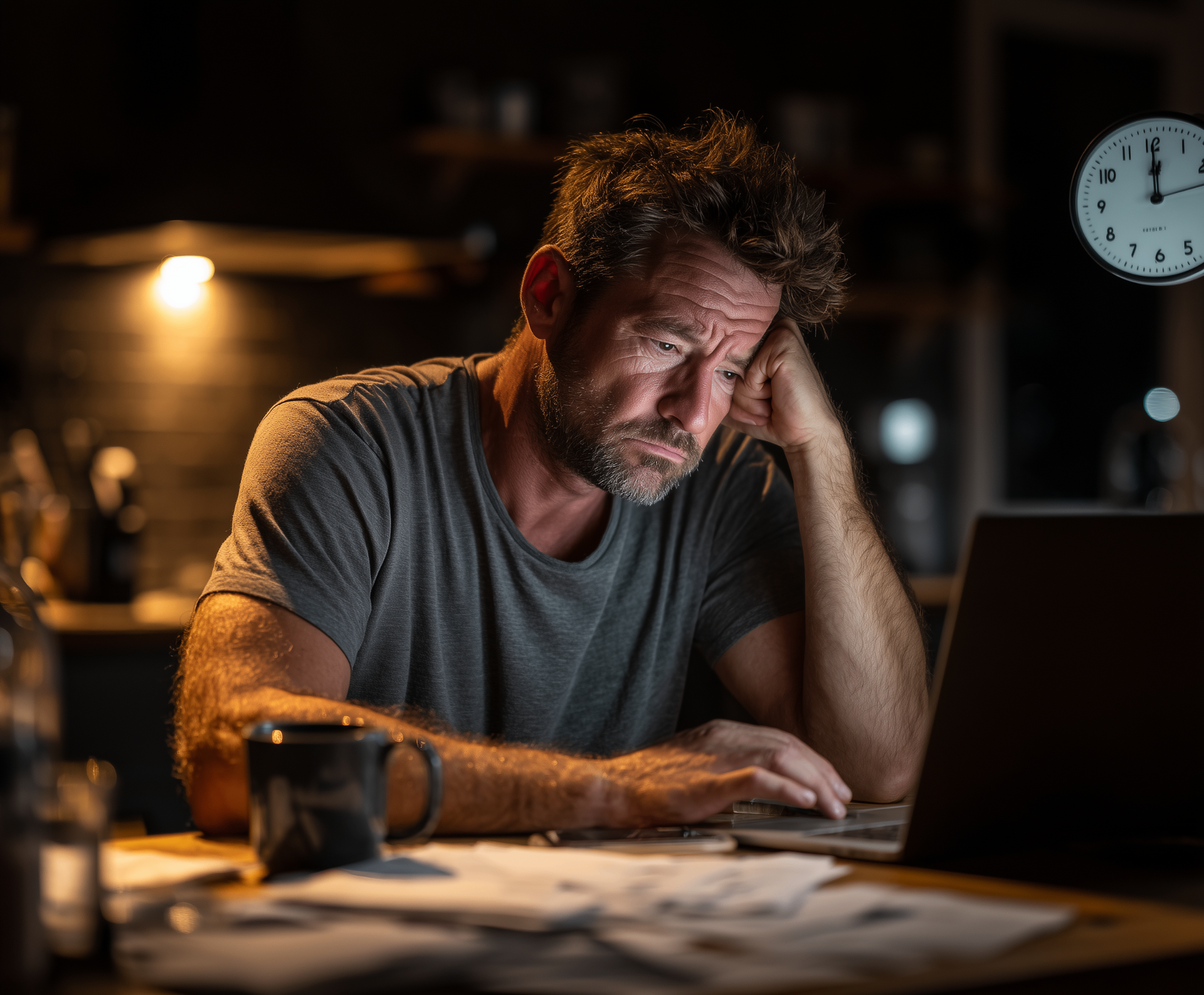 Weary franchise operator at a kitchen table late at night, exhausted by the old development model
