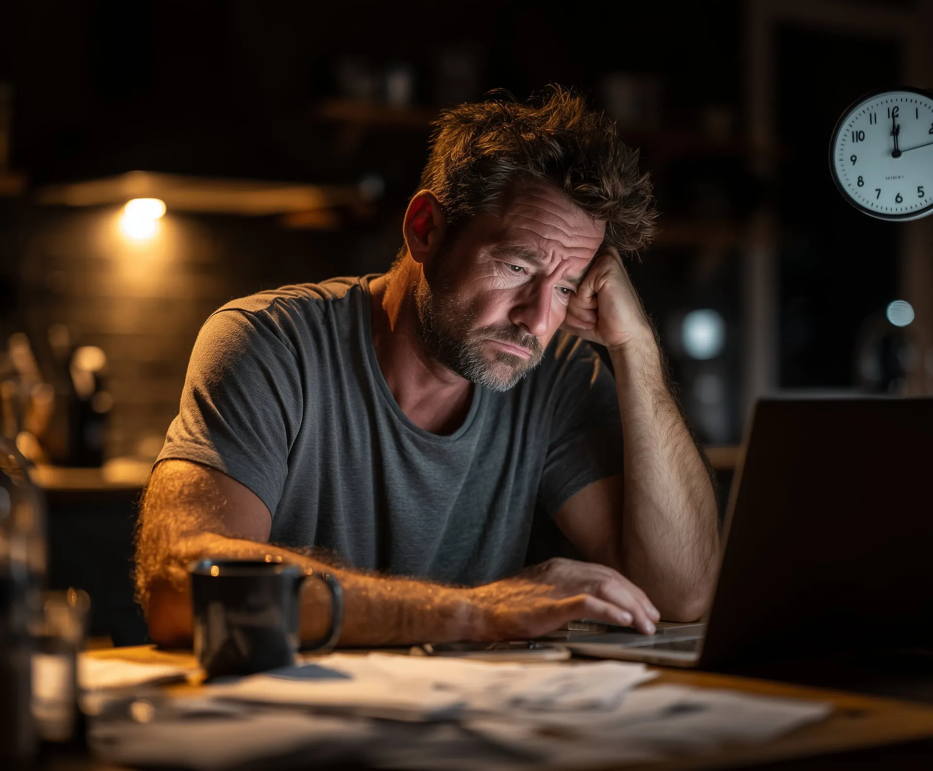 Weary franchise operator at a kitchen table late at night, exhausted by the old development model