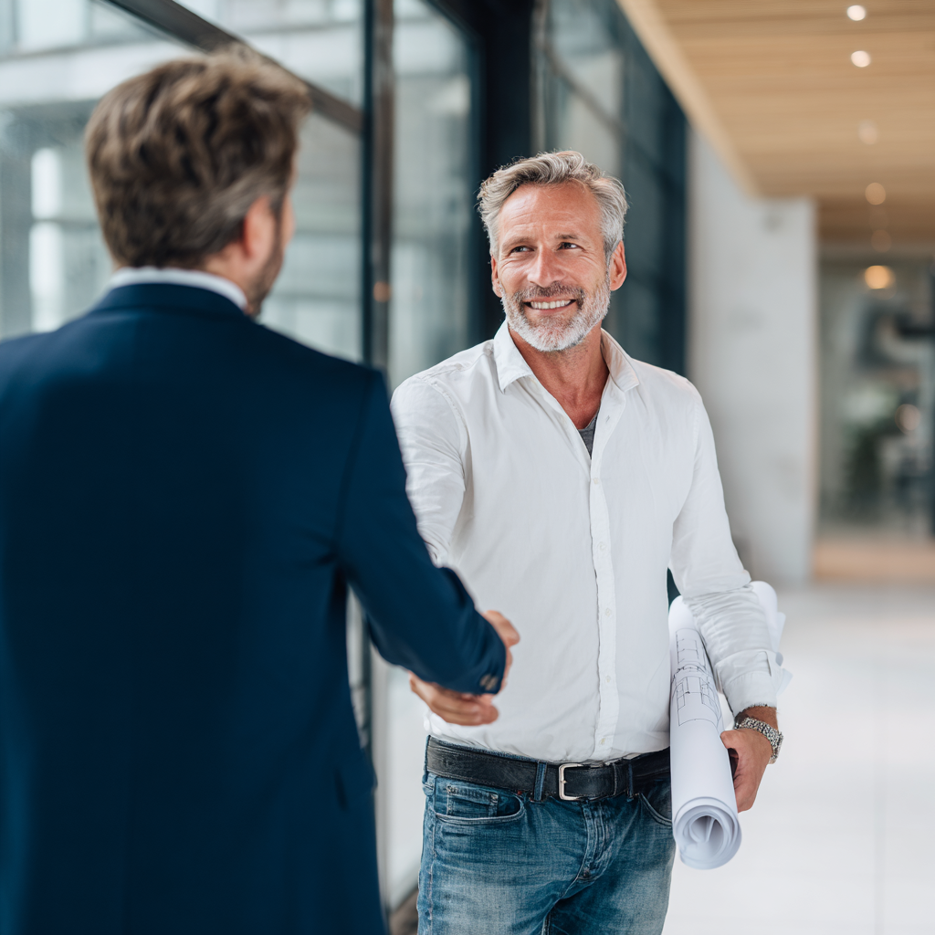 Franchisor and operator shaking hands in a bright modern corporate lobby